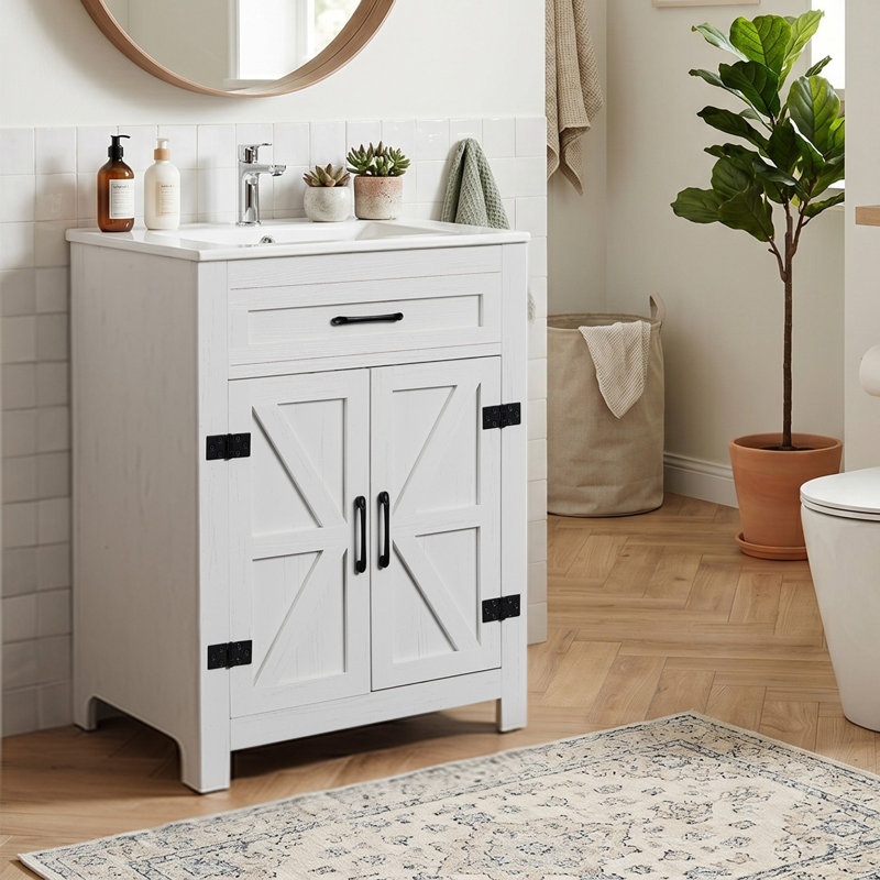 Panneaux de particules blancs lavés avec placage mélaminé... - 61 x 85 x 47 cm - Métal / Fer - 4 pièces - Meuble-lavabo - Blanc - Modèle à double porte (Vasque non incluse)