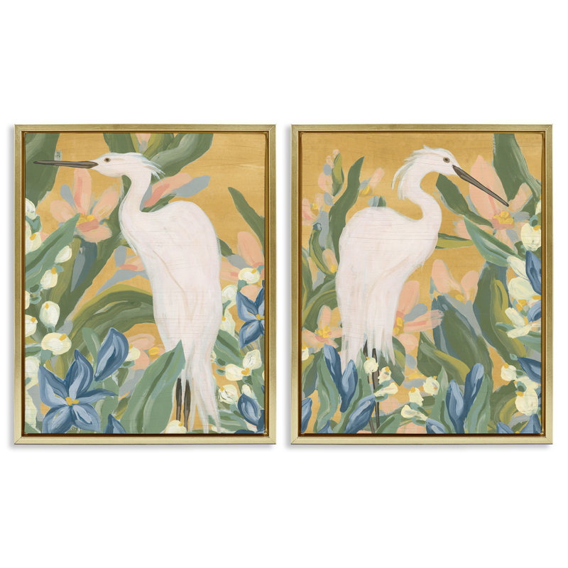 «Great Egret in Blooming Bushes», ensemble de 2 toiles flottantes encadrées dorées par June Erica Vess, H 31 po x l 25 po