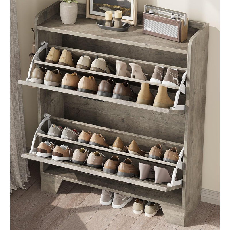 Shoe Cabinet Storage For Entryway, Narrow Shoe Cabinet With 2 Flip Drawers, Grey