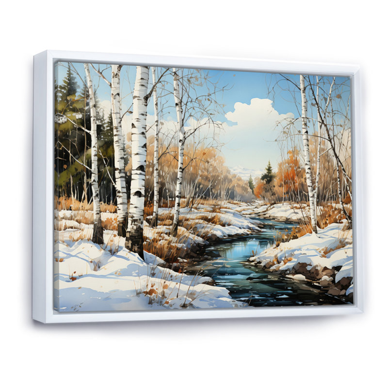 Birch Woods Winter Whispers III - Imprimé, Cadre flottant blanc, H 12 po x l 20 po x P 1 po