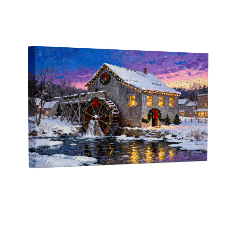 «Christmas Winter Mill Christmas Lights Snowy Scene», ensemble de 3 impressions sur toile, H 16 po x l 24 po