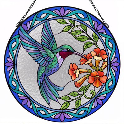 Hummingbird Flower Stained Glass Window Panel，7.8H