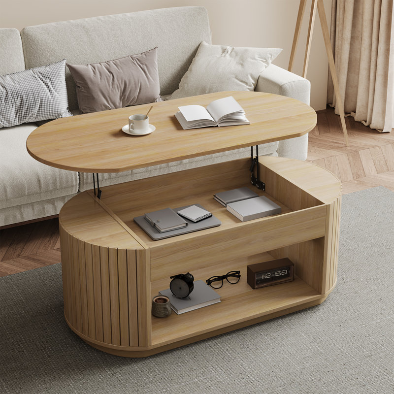 Lift Top Wood Coffee Table, Center Tea Table With Hidden Storage Compartment And Open Shelf For Living Room, Apartment, Small Space, Oak
