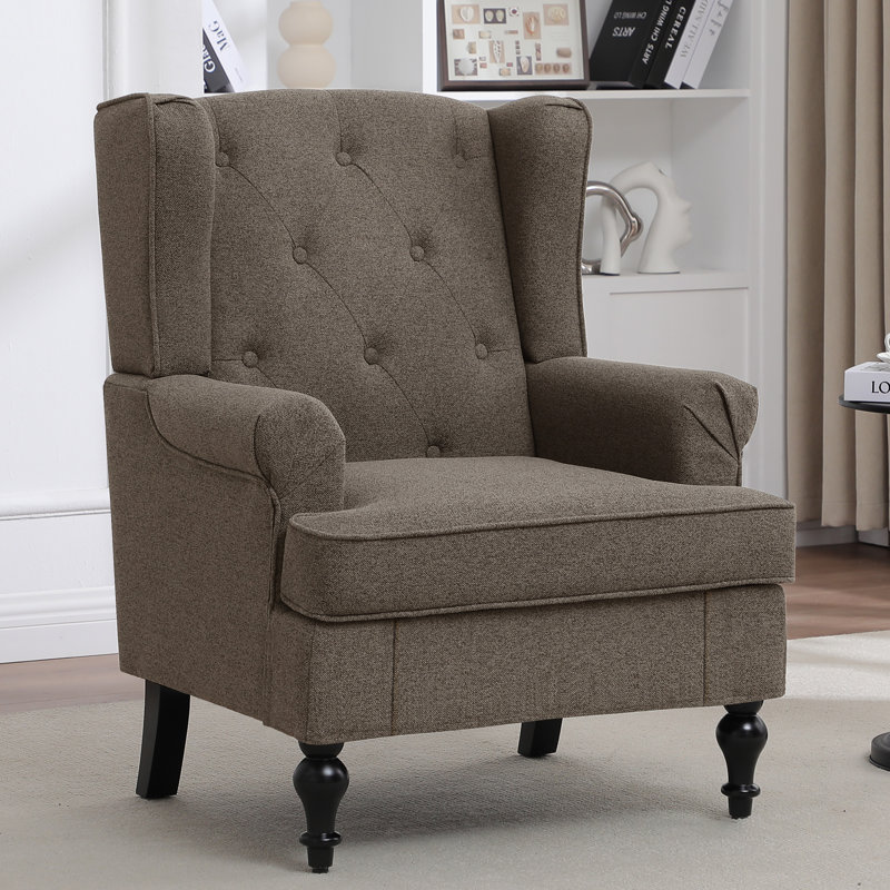Upholsterd Wingback Armchair, Brown Linen Blend