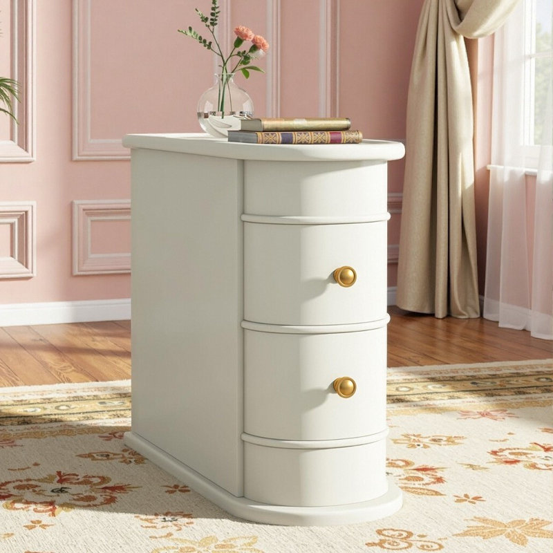 3 tables d'appoint en chêne massif - Table de chevet entièrement assemblée avec 2 tiroirs, Blanc cassé