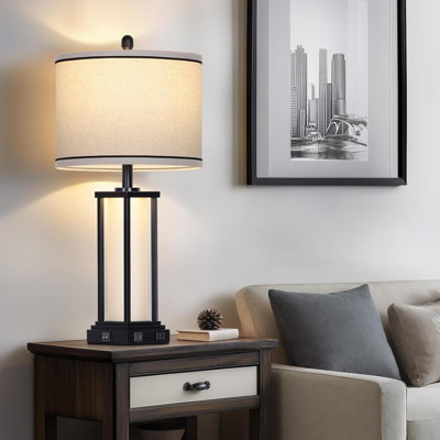 Vintage Industrial Table Lamp With USB C+A Ports & AC Outlet, Dual Lighting With Frosted Glass Night Light, Linen Shade For Living Room, Bedroom, Or O