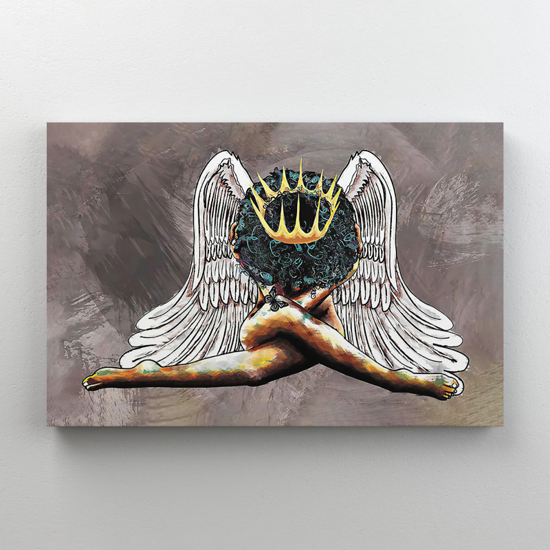 «The Queen With Angel Wings», toile tendue avec châssis - pour fille, décoration intérieure, blanche et brune