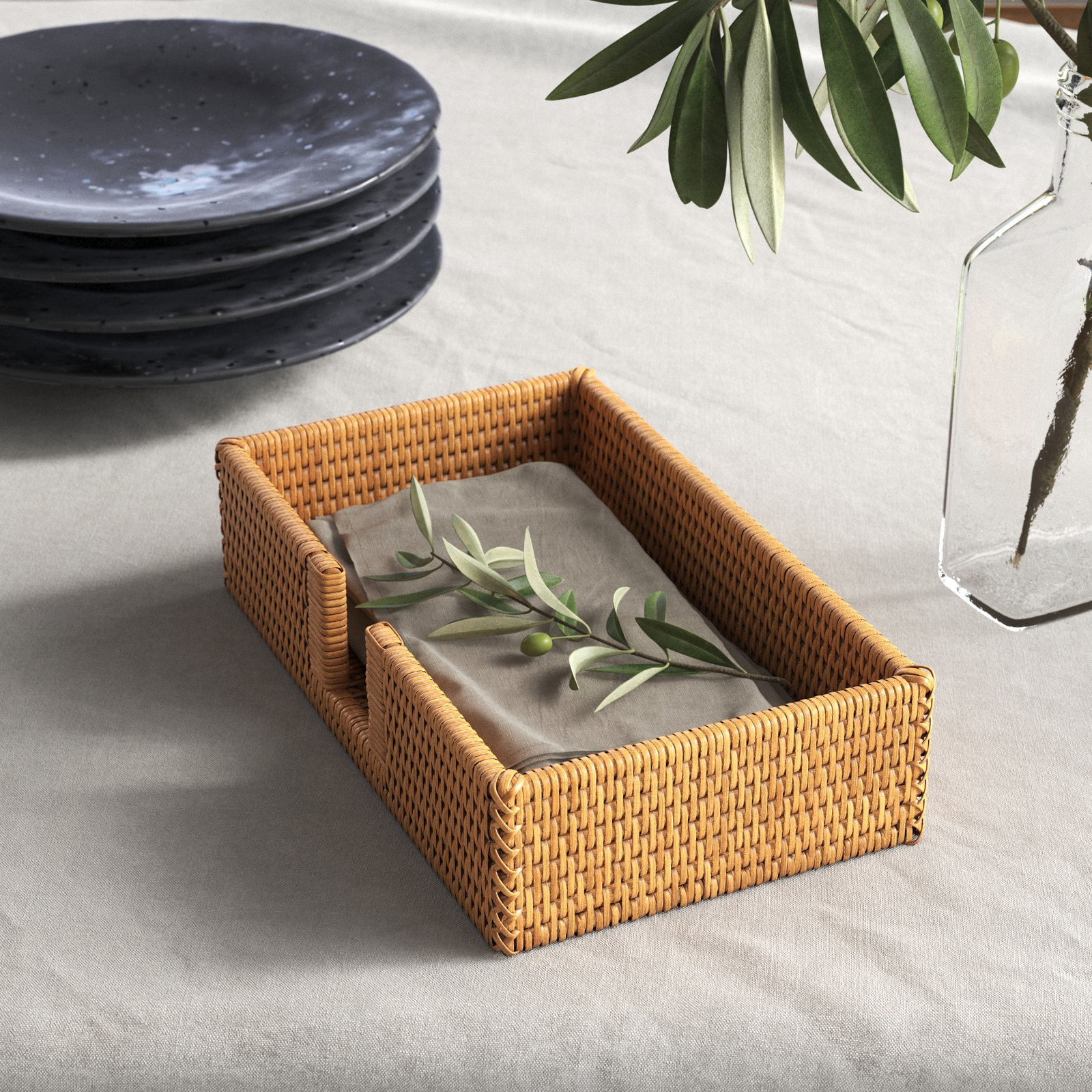 Rattan Guest with Cutout Napkin Holder, Honey Brown
