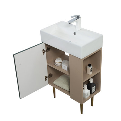 Base de meuble-lavabo de 21,6 po avec tablette ouverte à droite, rangement amélioré, bois massif et construction, lavabo en céramique, fermeture en douceur silencieuse, installation facile avec la conduite, tablette de rangement, fonction de fermeture en douceur,