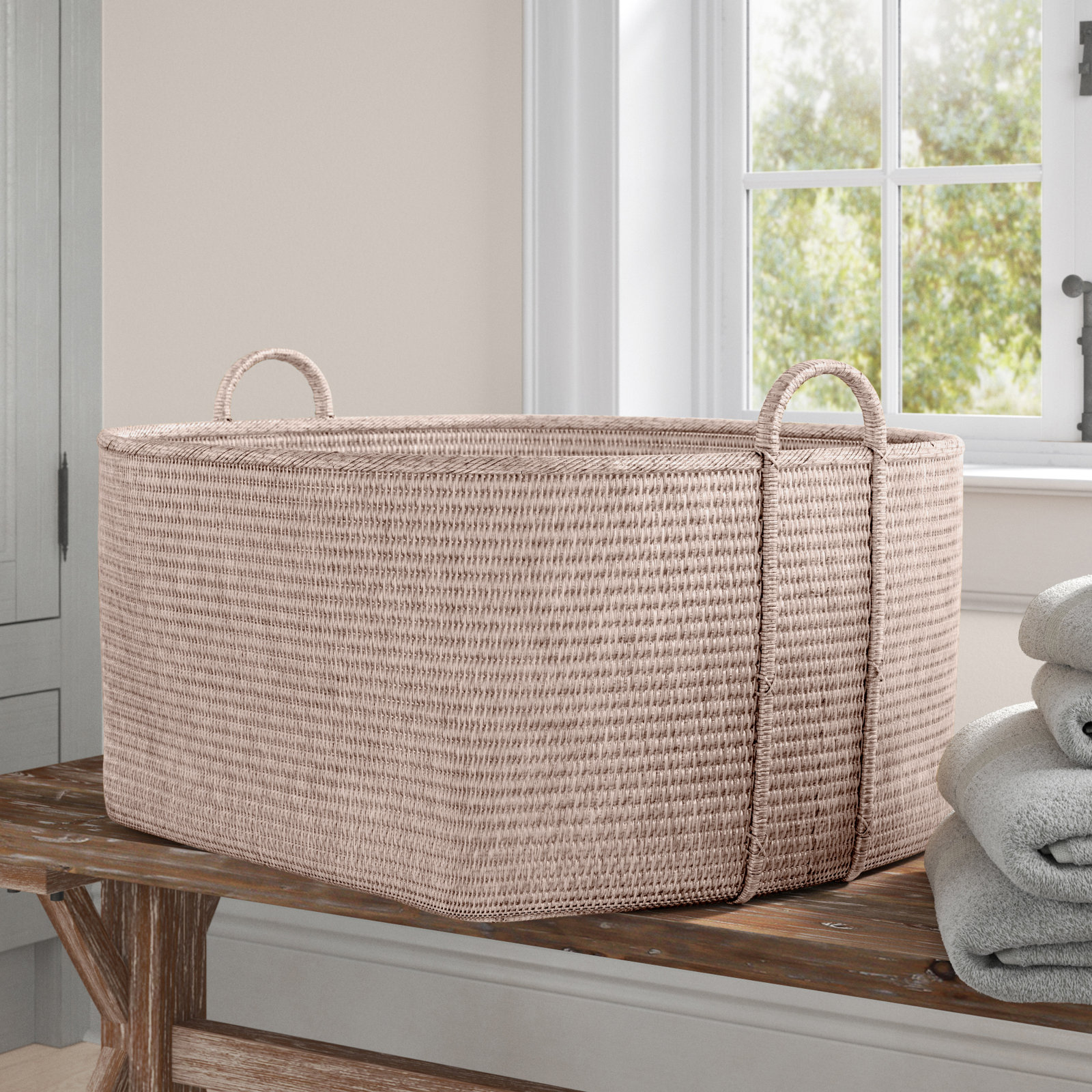 Thelma Handmade Rattan Decorative Basket 1, 14" H x 31" W x 25" D, White Wash