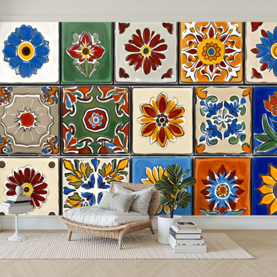 Peel and Stick Wallpaper 96" W x 69" H Modern Self Adhesive Wall Mural for Bedroom Colorful Mexican Talavera Tile Floral Design
