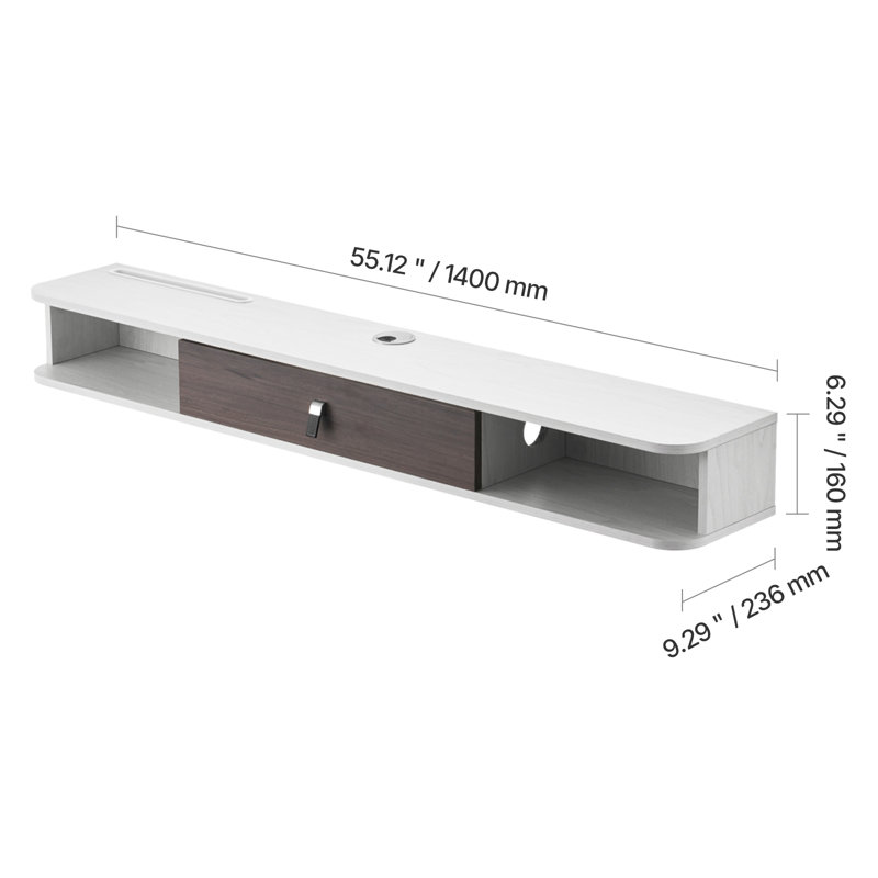 Meuble télé flottant, centre de divertissement mural avec trou de câble, tablette télé flottante moderne avec armoire de rangement, console de panneau de particules pour lecteur DVD, boîte de câble, console de jeu, blanc