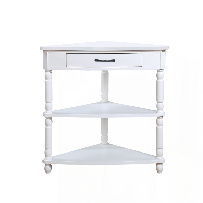 33.8'' Small Triangle Corner Table, Wood Corner Side Table For Small Spaces/ Living Room, 3 Tier End Corner Table With Solid Wood Legs, Milk White