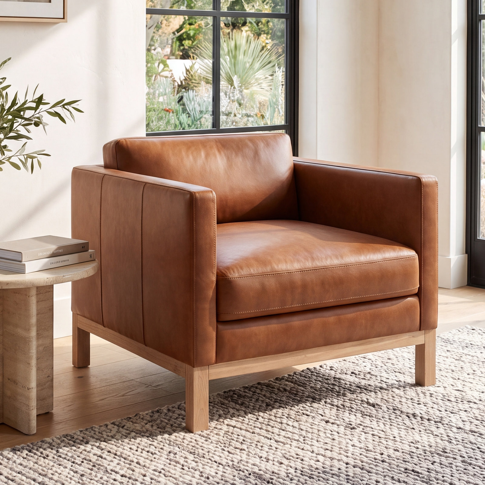 Nels Oak Genuine Leather Club Chair