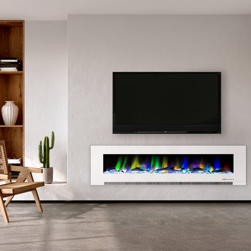 78-Inch White Wall-Mounted Electric Fireplace with Multi-Color Flames and Driftwood Logs