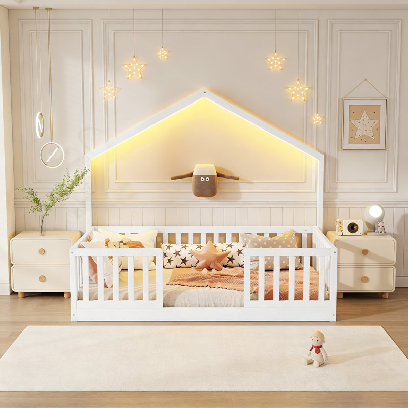 Floor Bed With High Safety Rails, Wooden Montessori Design For Kids, Boys And Girls, Ideal For Safe And Comfortable Sleep