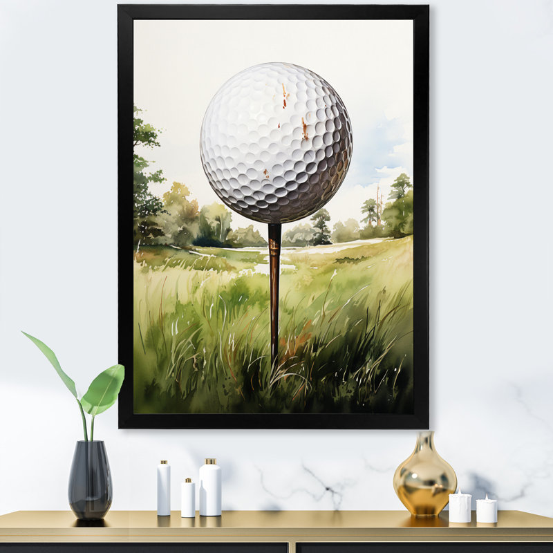 Minimalisme, balle de golf I - art mural de golf pour le salon, Cadre photo noir, H 44 po x l 34 po x P 1,5 po