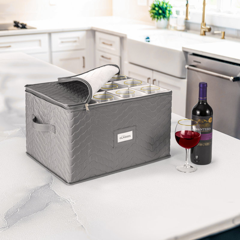 Gray Quilted Fabric Stemware Storage Box with Dividers