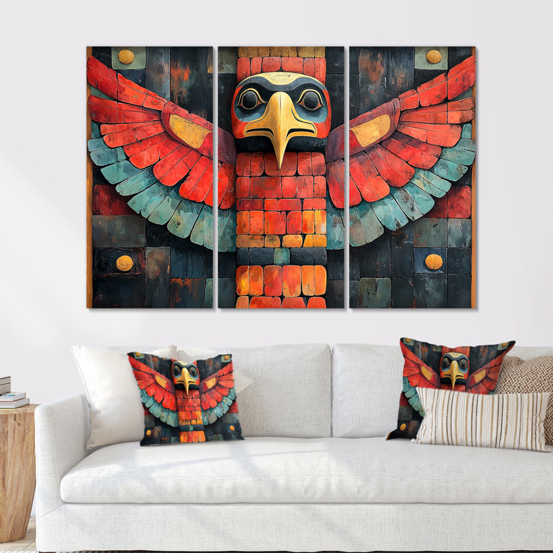 Red Thunderbird Native Totem II - Ensemble de décoration murale art amérindien Totem, 28" H x 36" W, Toile tendue