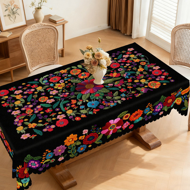 Black Washable Polyester Tablecloth with Floral Pattern, 86.6" L x 70.8" W