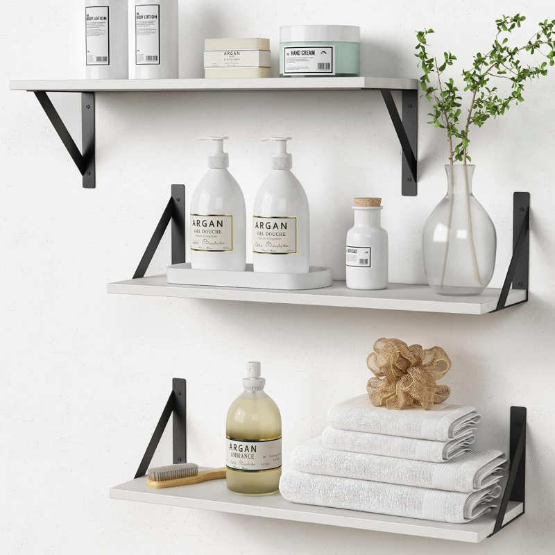Floating Wall Shelves Set Of 3, Modern Wood Mounted Storage Shelves For Bathroom, Bedroom, Living Room, Kitchen, Office, Laundry Room, Closet - Rustic Yet Stylish Design With Sturdy Metal Brackets