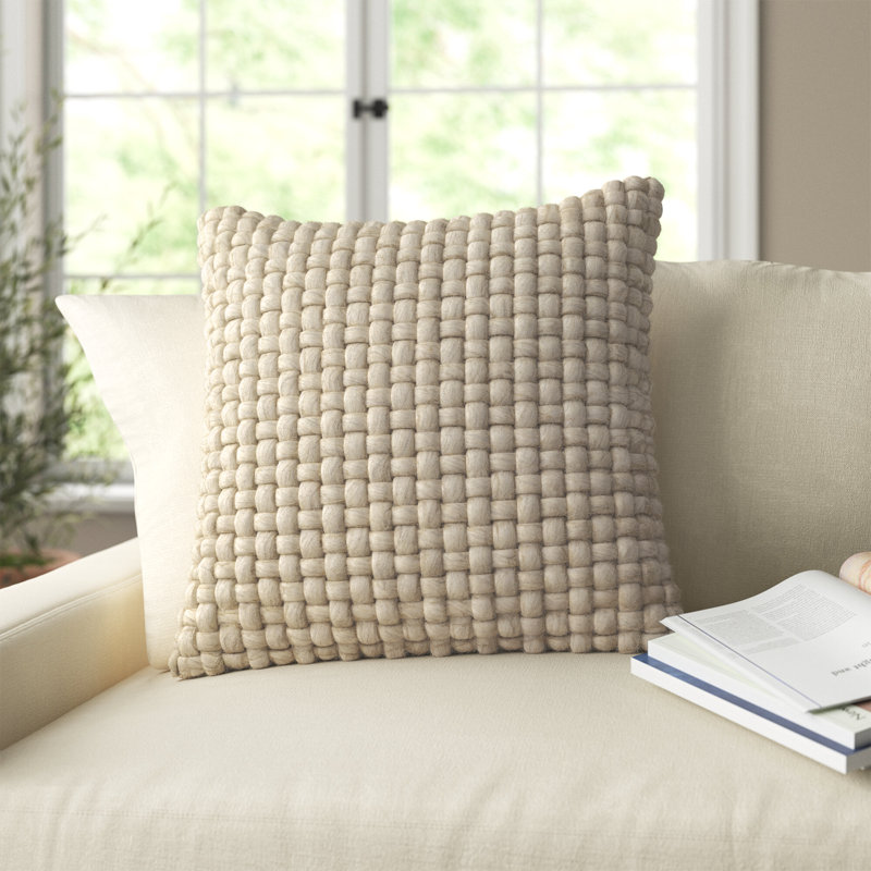 Belel Wool, Cotton Throw Pillow, Beige, 18" x 18", Pillow Cover Only - No Insert