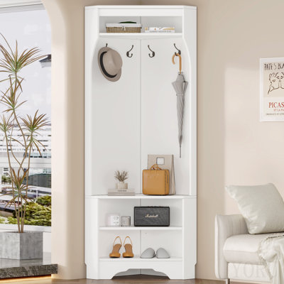 Minimalist Corner Hall Tree With Shoe Bench, Versatile Entryway Coat Rack With 4 Hooks, Corner Cabinet With Adjustable Shelf For Hallway, Living Room, White, 29.5''W*71.6''H