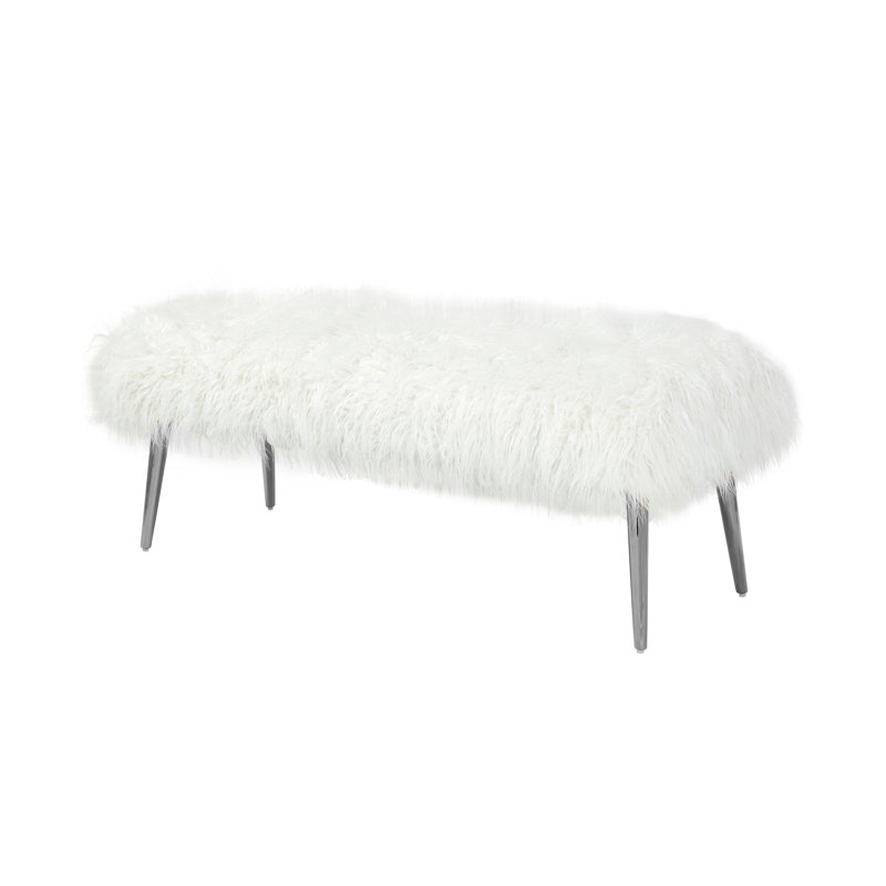 Kenzie Upholstered Bench - Lammy Faux Fur Upholstered Bench – Modern Ivory Sherpa Accent Bench with Metal Legs for Bedroom, Entryway, or Living Room - White Bench
