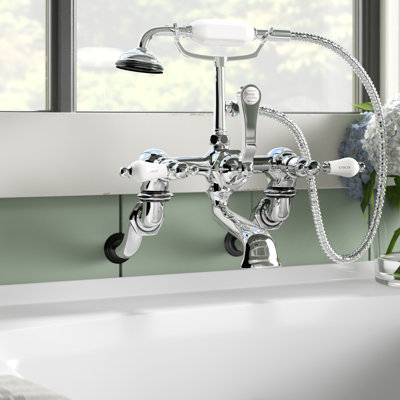 Kingston Brass Vintage Three-Handle 2-Hole Tub Wall Mount Clawfoot Tub Faucet with Hand Shower
