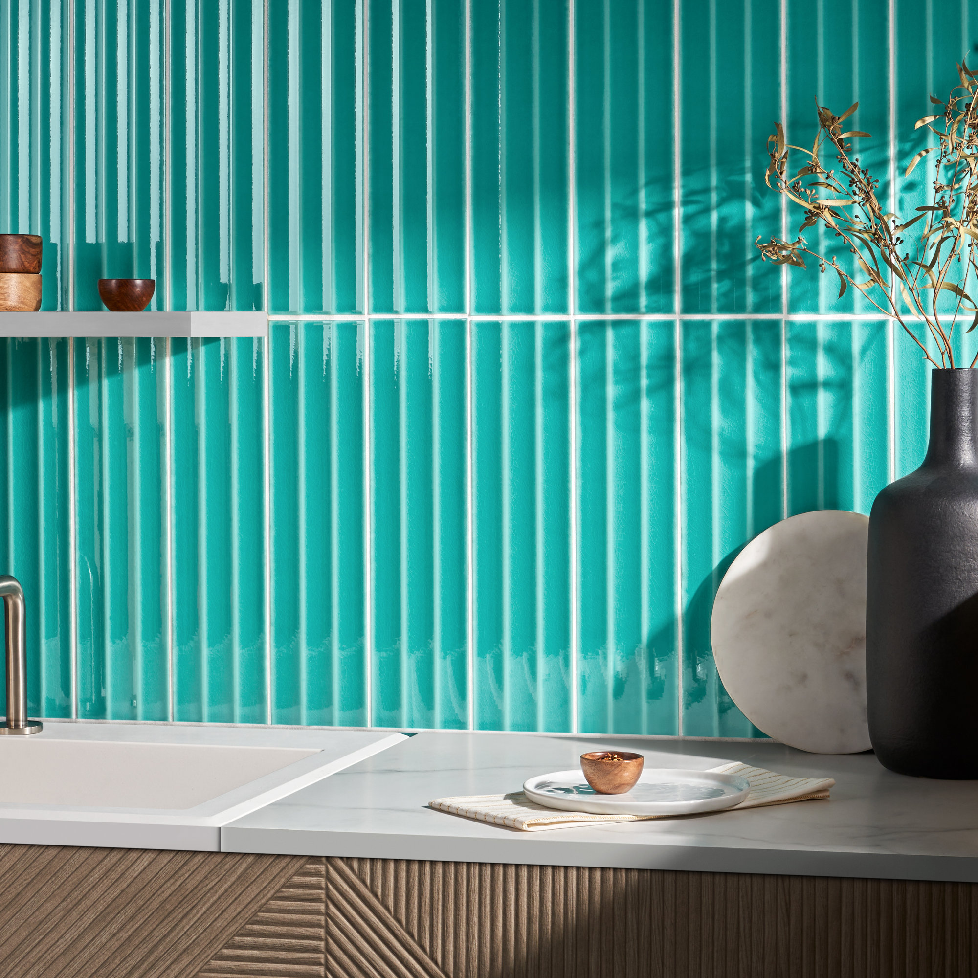 Radiant Fluted 4.43'' W x 17.62'' L Crackled Ceramic Subway Wall Tile (9.26 Sq. Ft. / Case), Teal Green