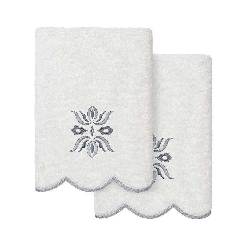  100% Turkish Cotton FLOWER CREST Scallop 2PC Embellished Hand Towel Set, Hand Towels - 2 Pack, White/Gray