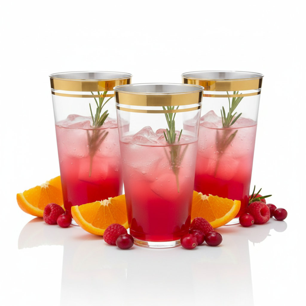 100 Pk 14oz Premium Clear Disposable Gold Rim Plastic Cups Wedding Holidays Events Parties (Set of 100) Perfect Settings Tableware