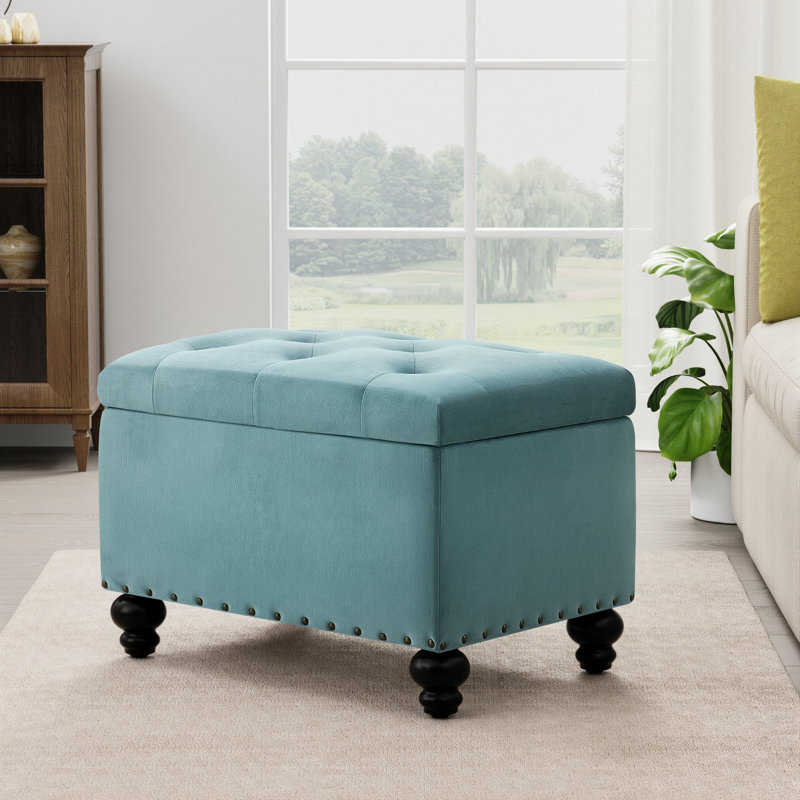 Repose-pieds rectangulaire avec rangement Dhiren, Velours bleu menthe