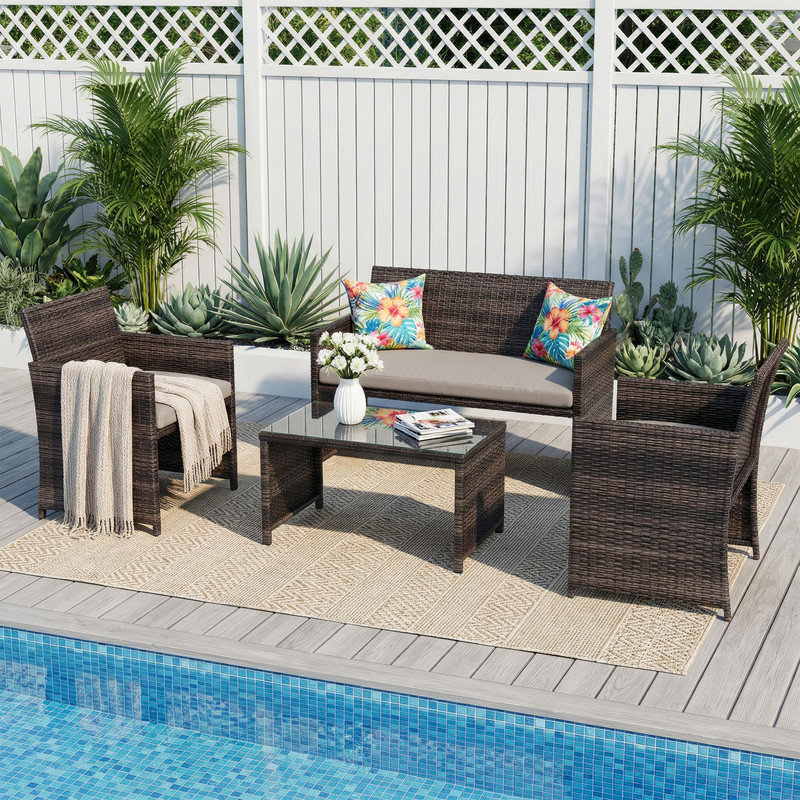 Ensemble de conversation d'extérieur en rotin 4 pièces avec coussins et table en verre trempé PE - Mobilier de patio en osier résistant aux intempéries
