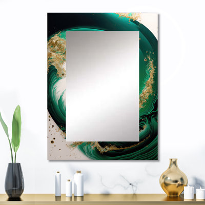 Emeraude vert et or abstrait vagues III - abstrait spirales uniques, grand miroir mural moderne, art imprimé en métal