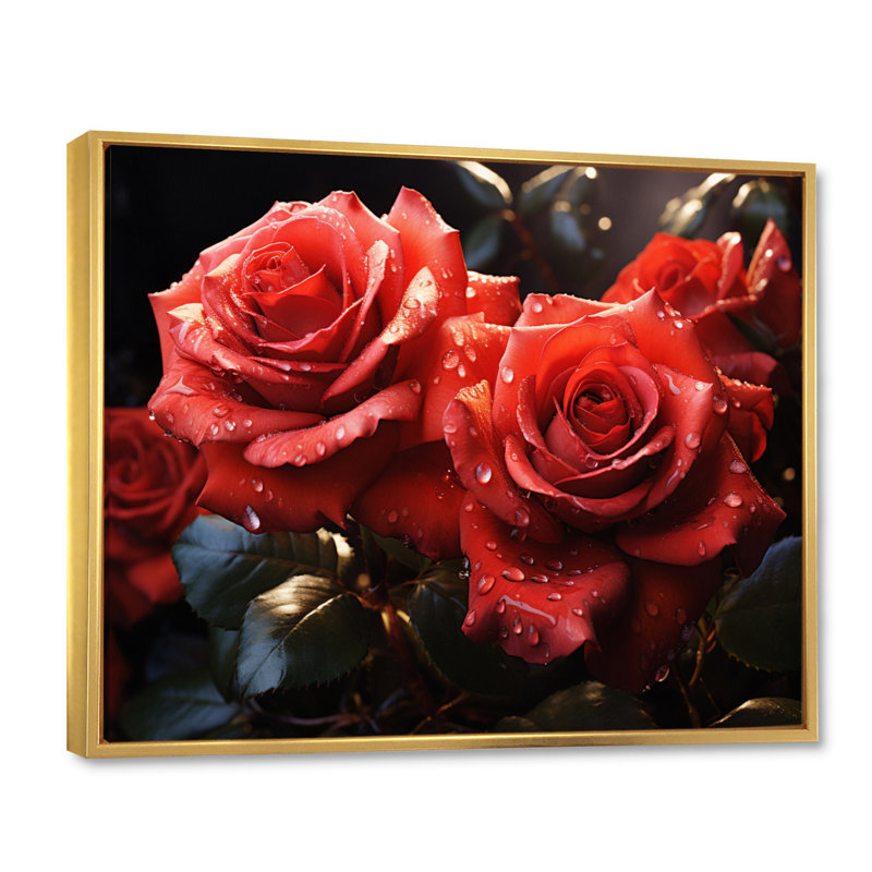 Roses rouges et noires lustrées du matin, H 12 po x l 20 po x P 1 po, Cadre flottant doré