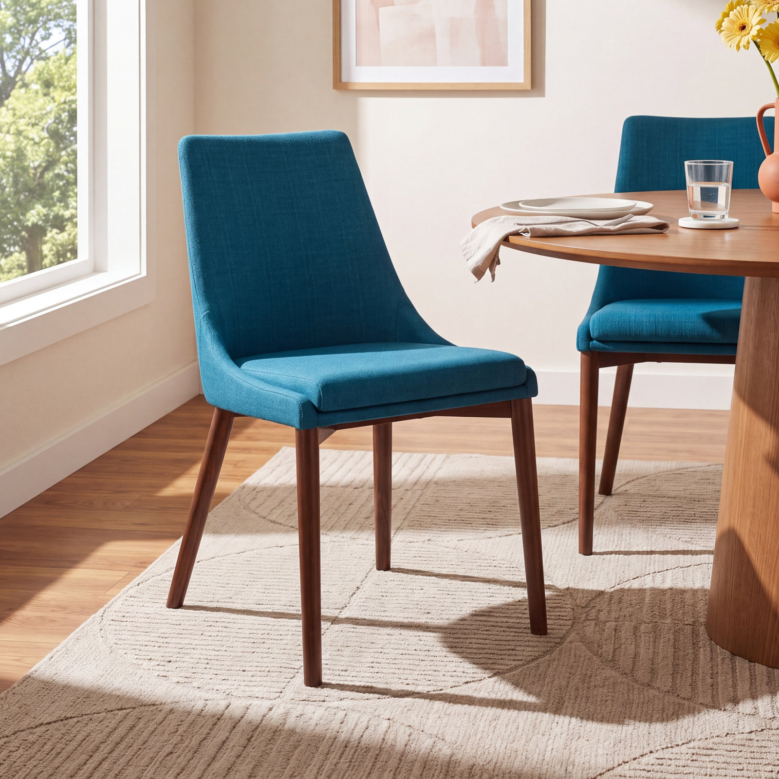 Clapton Walnut Dining Chair, Azure Blue Polyester Blend