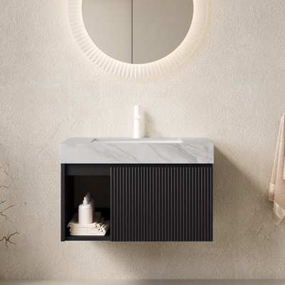 Meuble-lavabo 30 po avec lavabo, armoire de rangement flottante, plateau en pierre frittée crème et vasque en céramique, noir