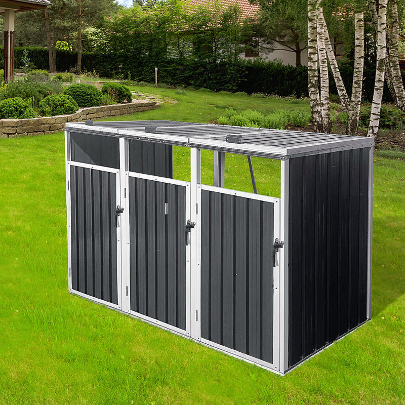 Garbage Bin Shed Stores 3 Trash Cans Metal Outdoor Bin Shed For Garbage Storage,Grey