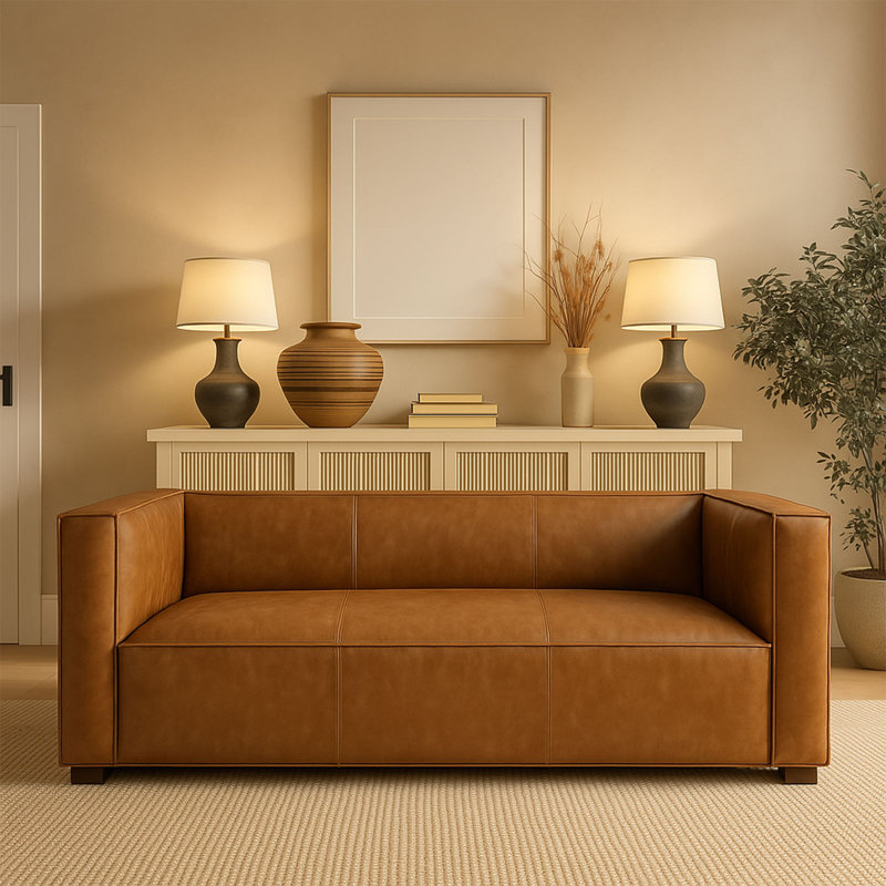 Jayci 83.3'' Square Arms Sofa, Cognac Faux Leather