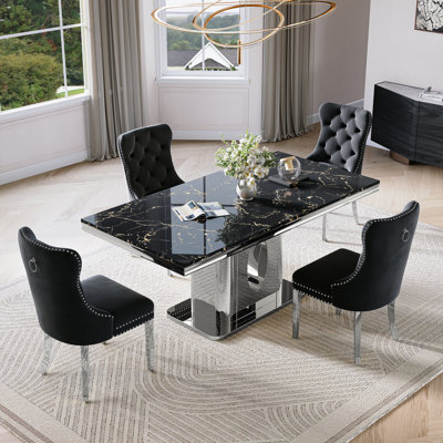 5 Piece Dining Table Set, Modern Faux Marble Dining Table Set For 4, 70.08" Luxury Dinning Table With With 4 Velvet Chairs, Kitchen Dining Room Sets For Dinner Dinette Breakfast Banquet