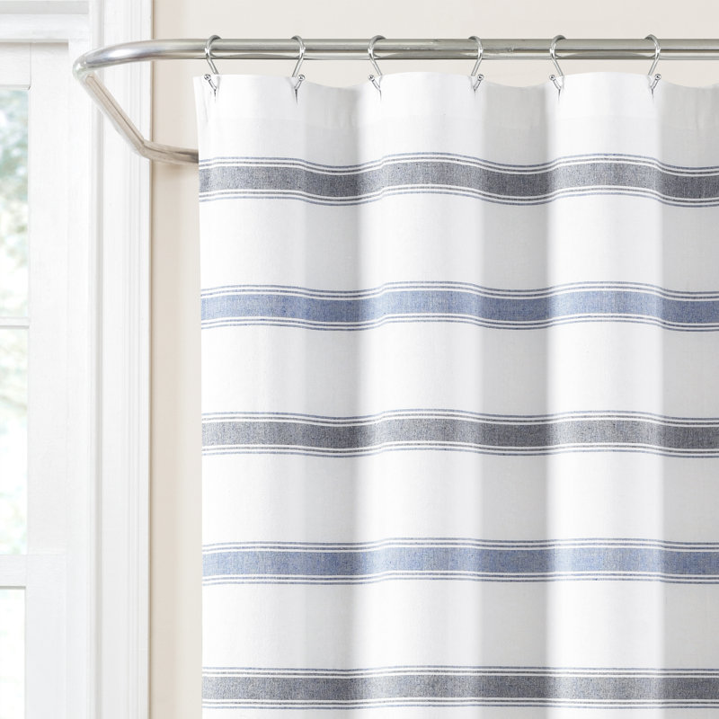 Blue and White Striped Cotton Shower Curtain with Tassel Fringe, 72" x 72"