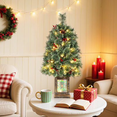 Arbre de Noël artificiel pré-éclairé de 3 pi avec 70 lumières DEL blanc chaud 110 idées réalistes, mini arbre de Noël de table avec 16 pommes de pin et 16 baies rouges dans un pot vert classique