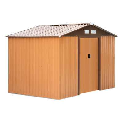Abri de jardin jaune de 2,74 m x 1,83 m avec fondations, 4 aérations et 2 portes coulissantes, idéal pour la cour arrière, le garage ou la pelouse - Spacieux pour ranger outils de jardin, accessoires de piscine, bonne ventilation, structure en acier galvanisé.