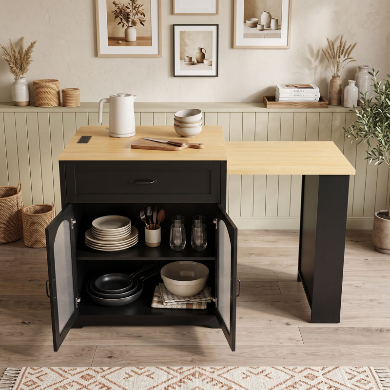 Table de cuisine extensible avec station de recharge intégrée, rangement pour bouteilles de vin et tiroirs, Noir naturel
