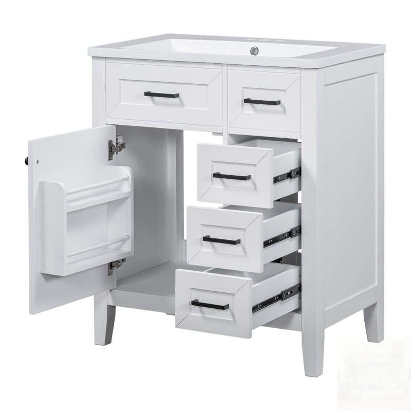Meuble-lavabo de salle de bain avec lavabo, armoire, tiroirs et structure en bois massif pour un rangement durable et élégant