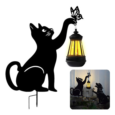 Chat en métal, lumières solaires d'extérieur, décor de piquet de jardin avec papillon, patio de jardin noir