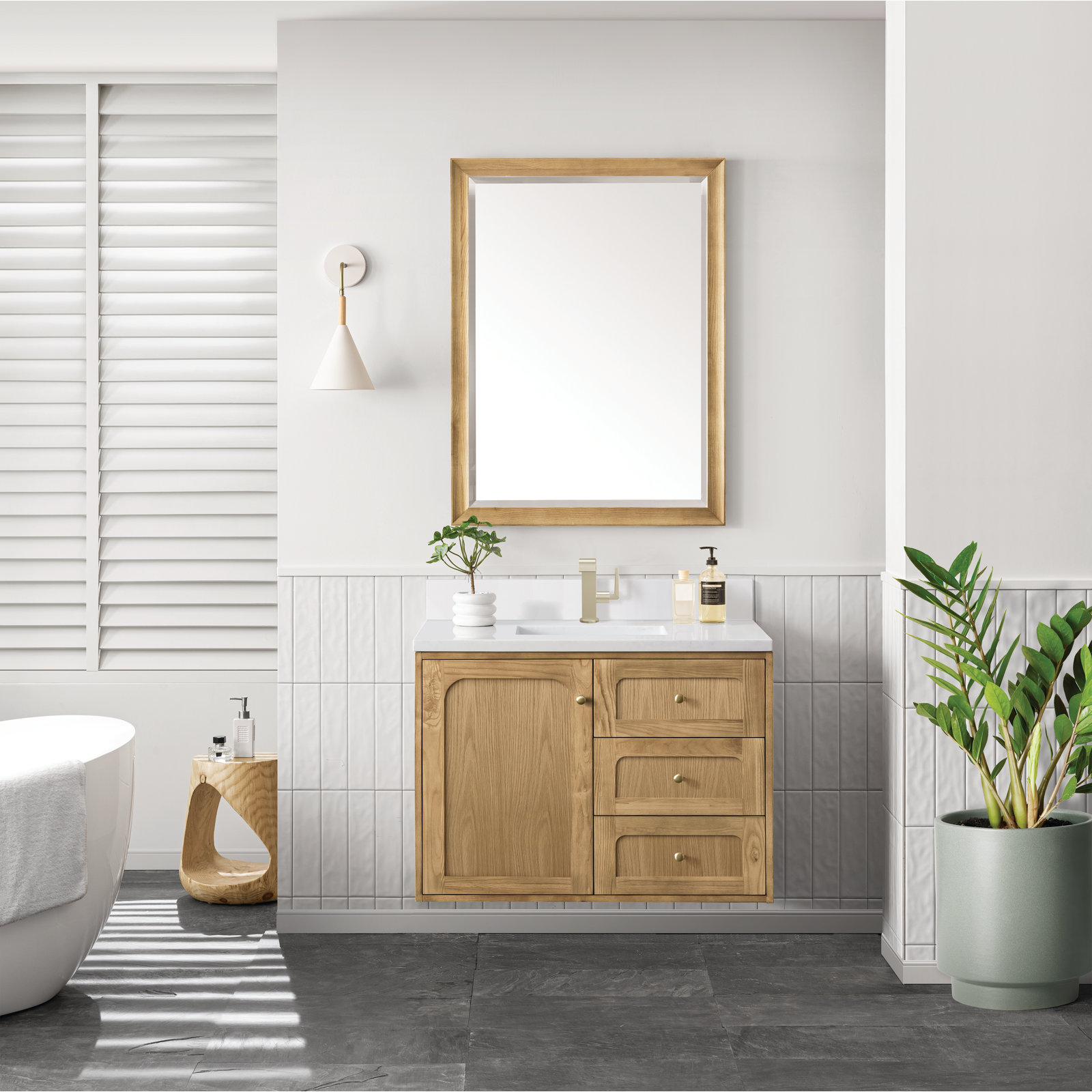 Laurent 36'' W Single Vanity, White Zeus, Single-Hole, Light Natural Oak
