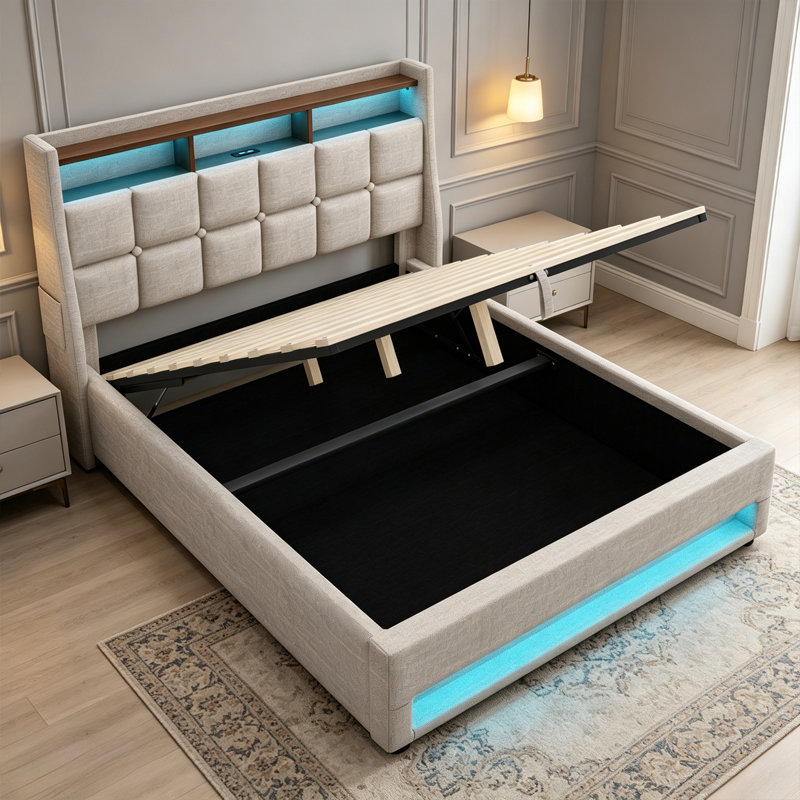 Lit plateforme double avec rangement hydraulique, lumières DEL et station de charge, Lit double, Beige