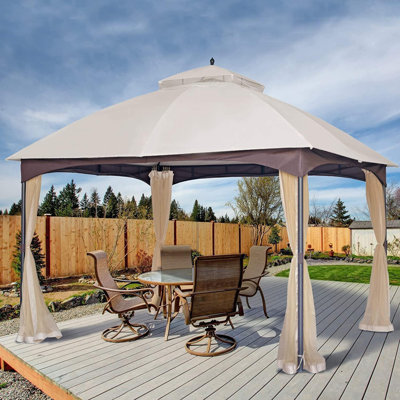 12 pi. L 10 pi. D Pavillon de jardin à double toit, auvent extérieur imperméable et ignifuge avec moustiquaire UPF 50+